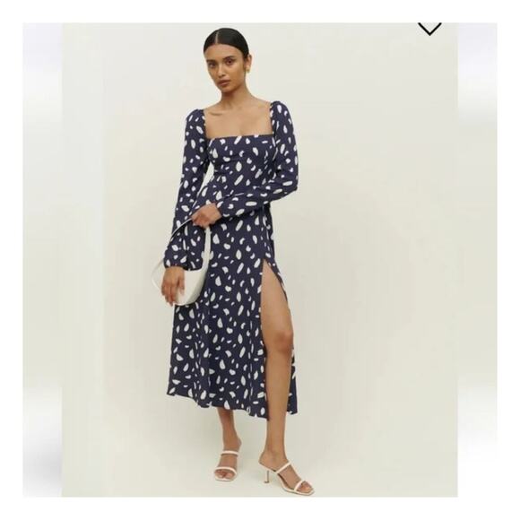 Reformation Sigmund Dress Blue & White Squared Neck Slit Long Sleeve Midi Sze 22 - Picture 2 of 9